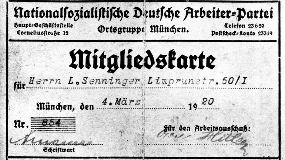 The DAP (Deutsche Arbeiterpartei) is officially renamed NSDAP (Nationalsozialistische Deutsche Arbeiterpartei) - Example of an early member card